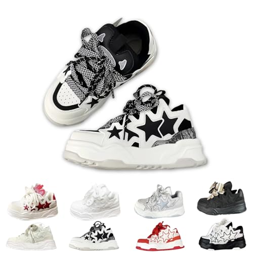 Women Chunky Sneakers, Star Decor Dad Shoes, Unisex Couples Girls Oversize Thick Sole School Casual Wear Lace-Up Mesh Upper (White-Black,10)