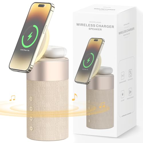 COLSUR Bluetooth Speaker, Magnetic Wireless Charger, Bluetooth Speakers with Night Light, 2 in 1 Wireless Charging Station for iPhone 16/15/14/13/12 Series, AirPods Pro/3/2（Gift Ideal）