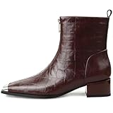 Husmeu Womens Handmade Ankle Boots Low Heel Genuine Patent Leather Square Toe Front Zipper Booties Brown Size 7