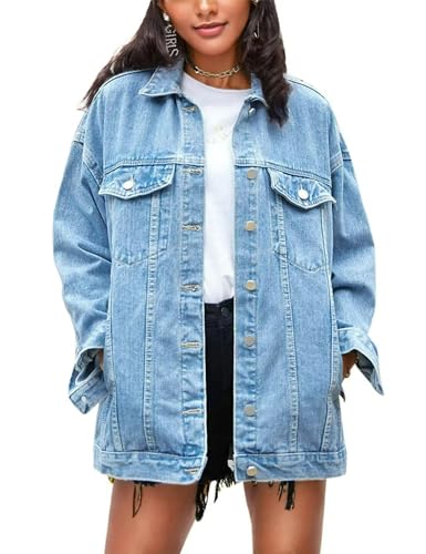 Omoone Women's Oversized Mid Long Denim Jacket Jean Biker Coat(0199-Denim Blue-XL)