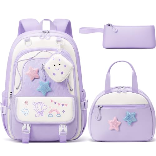 Fimibuke Kids Backpack for Girls, 4 PCS Waterproof Teen Girls Backpack with Lunch Box, Pencil Case & Headphone Bag Set, Cute Bookbag School Bag for Elementary Middle High School Student Back to School