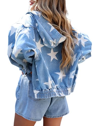 Deslimale Jean Jacket Women Hooded Denim Bomber Jacket (S,Stars printed)
