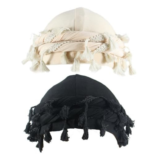Agturber 2pcs Turban for Men Women Satin Lined Durag Head Wrap Vintage Modal Twist Halo Turban with Tassel(Black,Beige)