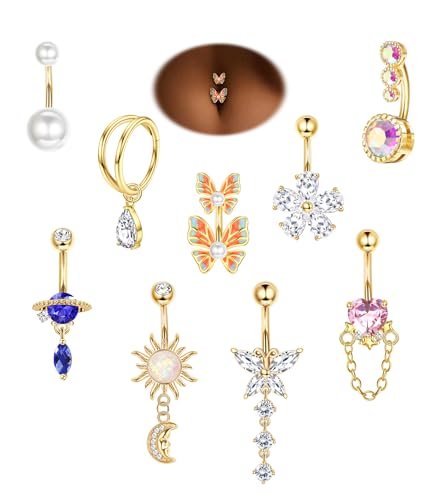 ZELORES 9pcs 14G Navel Rings for Women - Stainless Steel Belly Rings with Butterfly, Flower, Heart & Double Hoop Designs - Gold Belly Button Piercing Jewelry
