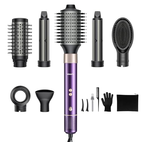 Vincofy 7-in-1 Hair Dryer Brush and Hair Styler Set – Fast Drying, Curling, Straightening & Volumizing – Hot Air Styling Tool with No Heat Damage – for All Hair Types – Lavender