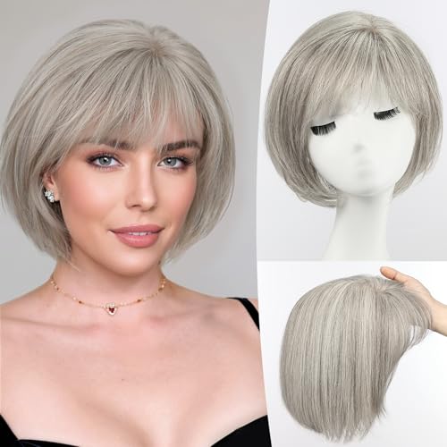 starluck Hair Topper for Women Real Human Hair 6.5x6.5 inch Base Gray Short Bob with Bangs Side Part SilkHug Human HairTopper for Women with Thinng Hair Cover Gray Roots