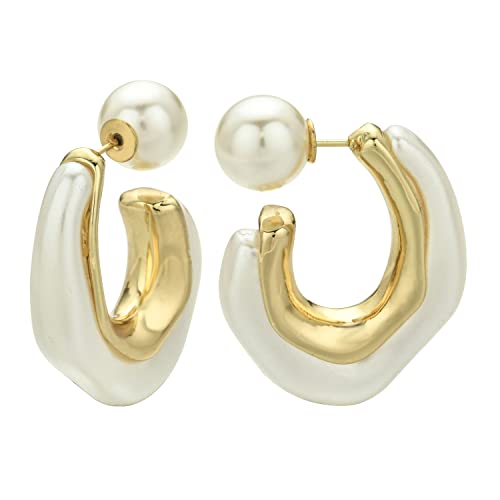 ROGOWOL Acrylic Resin C Shape Open Hoop Earrings with Pearl Ball Back Hypoallergenic Statement Faux Pearl Hoop Earrings for Women