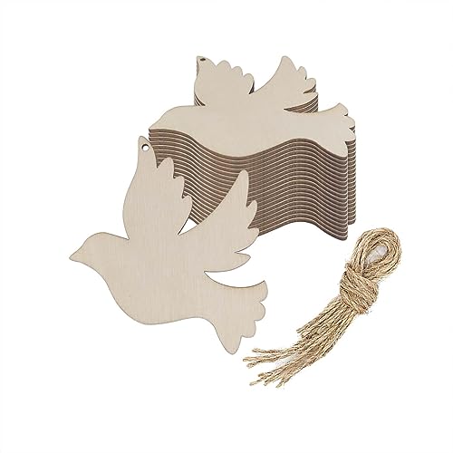 20pcs Bird Wood Cutouts Crafts Wooden Dove Shaped Hanging Ornaments with Jute Twines Wood Tags for DIY Projects Wedding Birthday Christmas Party Decorations