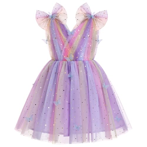 IMEKIS Butterfly Dress for Girl: 5th 6th Birthday Outfit Cake Smash Baby Flower Wedding Guest Kids Toddler Graduation Princess Sparkle Stars Tulle Tea Party Formal Dress Rainbow Purple 5-6 Years