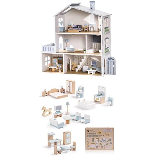 ROBUD Doll House, Wooden Dollhouse with 6 Rooms, 29-pcs Realistic Accessories, Dollhouse Playset Gifts for Kids & Toddlers, Nordic Style, Ages 3+