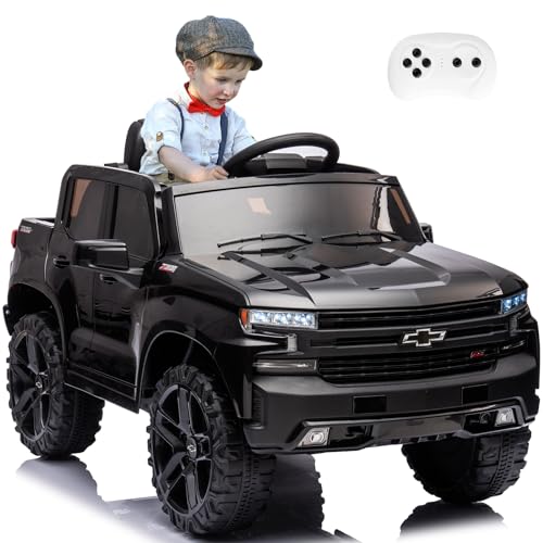 FXIONA 12V Kids Ride On Track Car Electric Vehicle Battery Power 4 Wheels Car with Parent Remote Control Chevy Chevrolet Silverado Pickup Toy Toddler Cars for Baby Drive Age 1-8 Year Girl Boy (Black)