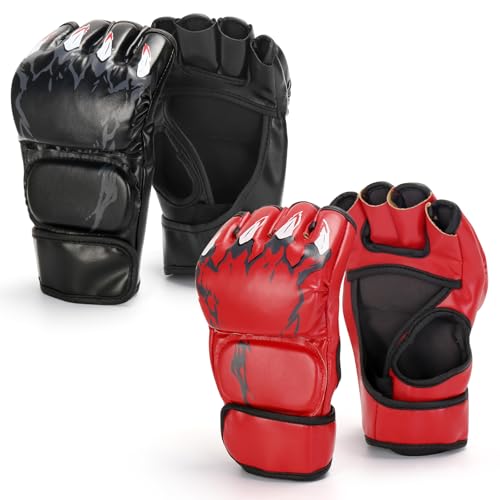 2 Pair Half Finger Boxing Gloves, Punching Gloves, Kickboxing Gloves,Boxing Gloves with Adjustable Wrist Band for Men and Women