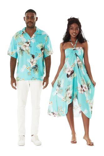 Matchable Couple Hawaiian Luau Butterfly Dress in Pineapple Garden Turquoise, Women 2XL