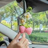 Crochet Strawberry Car Accessories，Cute Rearview Mirror Hanging，Car Accessories Gift，Car Decoration Interior for Teen Girls，Car Accessories for Women Aesthetic