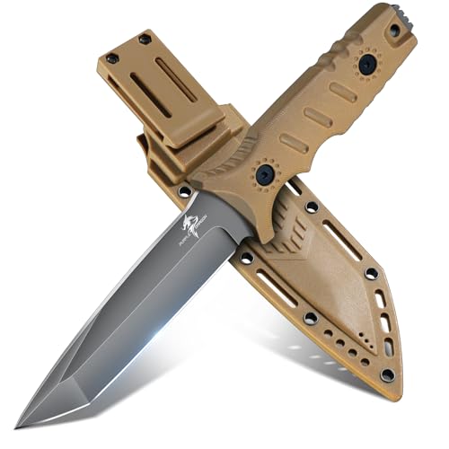 Purple Dragon Khaki Survival Knife with Kydex Sheath, Full Tang Fixed Blade Hunting Knife Made from a Single Piece of D2 Steel, Field Knife for Bushcraft Camping and Hunting, Gifts for Men