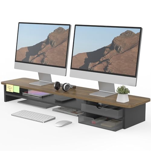 Fenge Monitor Stand, Dual Monitor Riser, 42.5inch Large Desk Computer Monitor Stand Riser with Drawer, 2 Tier Wood & Acrylic Desktop Organizer for Computer, Laptop, Printer, TV Screen Riser