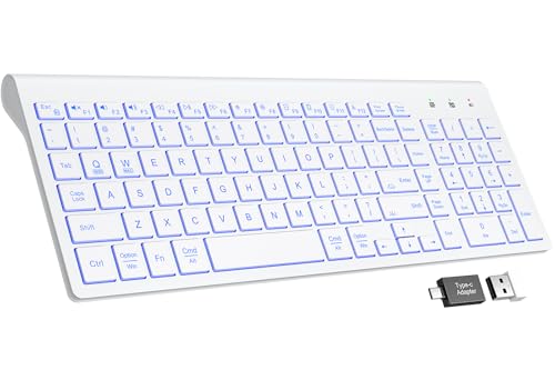 SABLUTE Wireless Keyboard with 7 Colored Backlits, Rechargeable Silent Compact Cordless Computer Keyboard with Low Profile Quiet Light Up Keys for Windows, PC, Linux, Chrome, Mac (White)