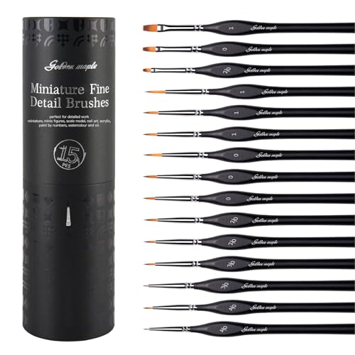 Golden Maple Miniature Paint Brushes, 15PC Model Brushes Micro Detail Paint Brush Set, Fine Detailing for Acrylics, Oils, Watercolors & Paint by Number, Figurine (Black)