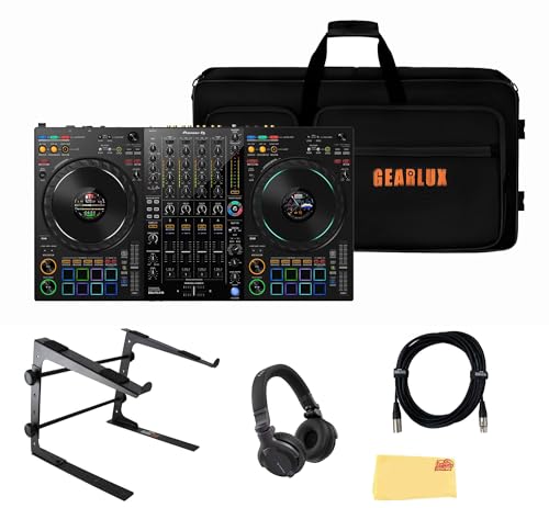 Pioneer DDJ-FLX10 4-Channel Professional DJ Controller - Black Bundle with Case, Laptop Stand, HDJ-CUE1 Headphones, XLR Microphone Cable, and Austin Bazaar Polishing Cloth