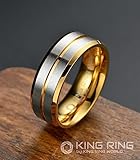 King Ring 8mm Flat Lines Ring – Ultra Polished Mens Ring with Two Matt Lines Stainless Steel Wedding Band K18 – Gold Silver 9