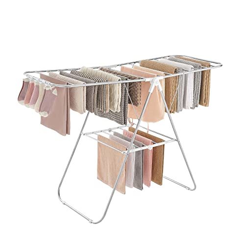 SONGMICS Clothes Drying Rack, with Sock Clips, Metal Laundry Rack, Foldable, Space-Saving, Free-Standing Airer, with 2 Height-Adjustable Gullwings, Indoor Outdoor Use, Silver and White ULLR052W01