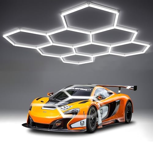 Tiyahomey Aluminum Frame LED Hexagon Garage Light,8 Hexagon Honeycomb Lights 550W 55800 Lumens Hexagon Garage Light with T5 Tube Rectangle 6500K for Garage,Auto Beauty Shop,Car Detailing Shop