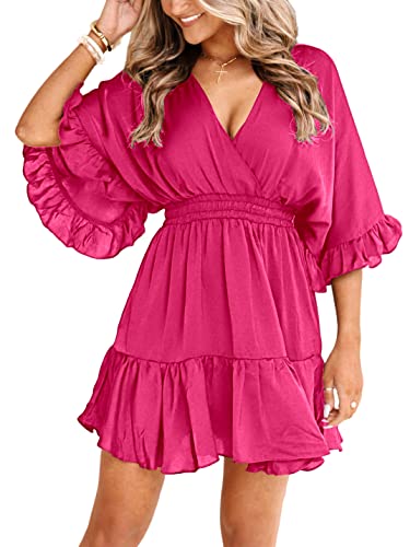 Aoysky Womens V Neck Casual Dresses Summer Loose High Waist Ruffle Pleated Cute Mini Short Dress Hot Pink