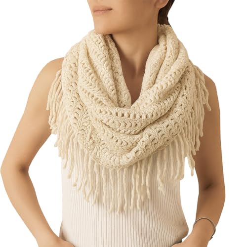 stylesilove Women Cozy Knit Tassel Infinity Loop Scarf - 8 Colors (Ivory)