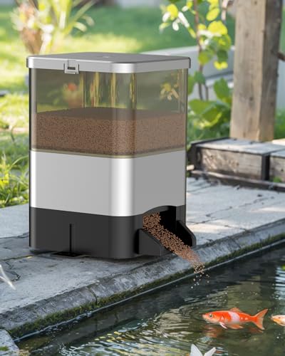 Pawfly Automatic Fish Feeder for Pond 10 L Large Capacity Vacation Timer Pond Fish Feeder Adjustable Fish Food Dispenser Moisture-Proof Outdoor Koi Fish Feeder, Battery Powered (Battery Not Included)