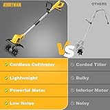 Alloyman 20V Cordless Tiller Cultivator, 360RPM Electric Garden Tiller, with 2 * 2.0Ah Batteries & Charger, 9In Tilling Width and 6.6In Depth Garden Rototiller for Lawn/Gardening/Soil Cultivation