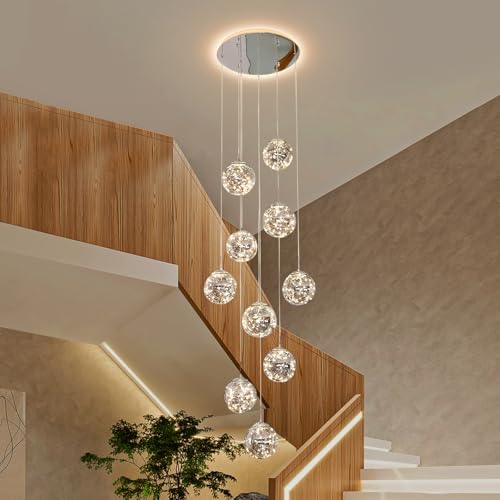 KAUCQI 10-Light High Ceilings Long Chandeliers LED Staircase Chandelier High Ceiling Chandelier for Entryway,Modern Crystal Long Pendant Light, Adjustable Length 16" W x79 H，50W