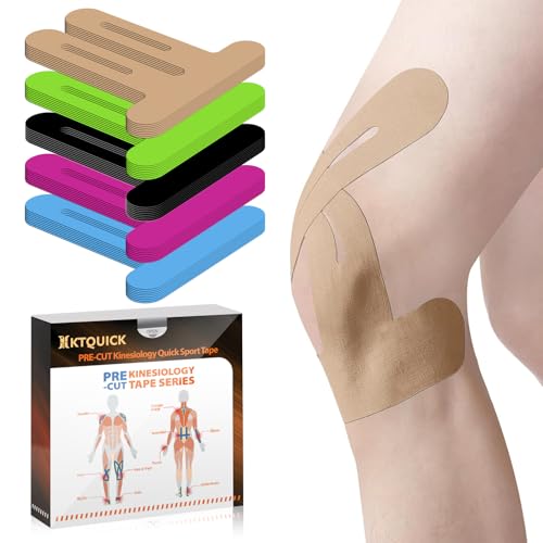 PreCut Kinesiology Tape for Knees, 12 PCS Waterproof KTQUICK Knee Tape for Knee Pain Relief Pre Cut, Original Cotton Athletic Knee Tape, Waterproof & Hypoallergenic Latex-Free for Sports (Beige)