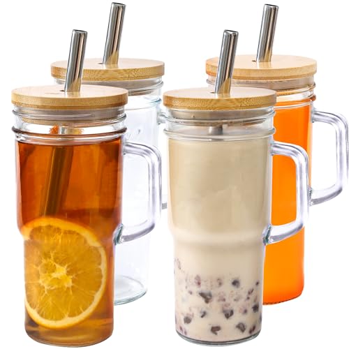 24oz Glass Cups with Lids and Straws - Tumbler glass cup with bamboo lids and straw 4 pack