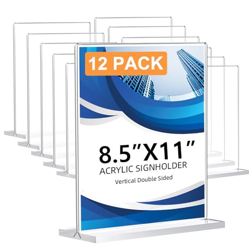 DECOHOBO 12 Pack Acrylic Sign Holder 8.5 x 11, Double-Sided Clear Sign Holder Plastic Stands for Display, T Shape Acrylic Table Sign Stands for Office Store Restaurants Wedding Party Decoration