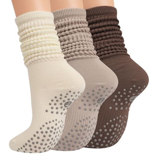 Grip Pilates Socks for Women, Yoga Slouch Socks with Grip for Barre Workout Hospital Long Scrunch Slipper Socks