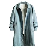 Mens Classic Denim Trench Coat Button Down Cardigan Lapel Long Sleeve Casual Jean Jacket Loose Fashion Overcoat