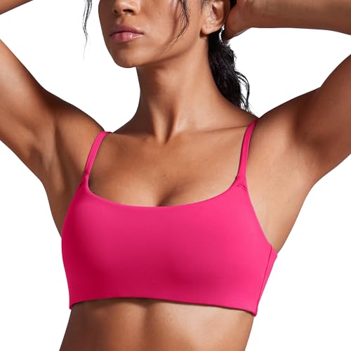 CRZ YOGA Butterbreeze Scoop Neck Sports Bras for Women - Spaghetti Straps Wireless Workout Padded Gym Cami Top Granita Pink Small