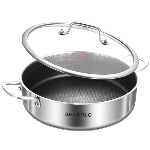 DELARLO Tri-Ply Stainless Steel 7QT Saute Pan 12 Inch Deep Frying Pan with lid Nonstick, Induction Compatible Chef Cooking Pan