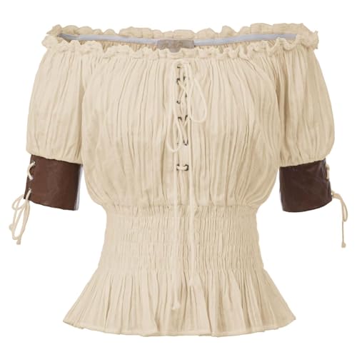 Renaissance Shirt Women Pirate Puff Sleeve Steampunk Top Blouse Beige L
