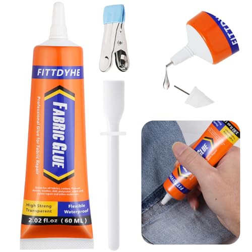 FITTDYHE Fabric Glue Permanent, 60 ML Washable Clear Clothing Glue, Super Fabric Glue for Rhinestones, Patches, Clothes, Denim, Leather, Polyester, Fabrics, Doll Repair, Flannel, Cotton