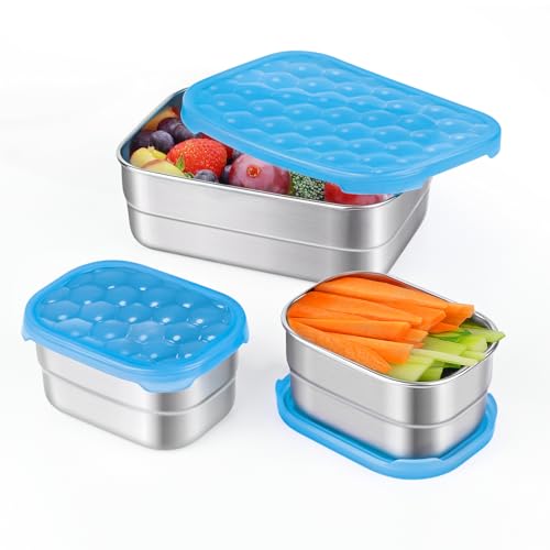 Tanjiae Small Stainless Steel Lunch Containers for Kids | Leak Proof Snack Containers with 100% Pure Silicone Lids - Perfect Metal Lunch Box with Lids for School and Daycare (25oz+8oz*2)
