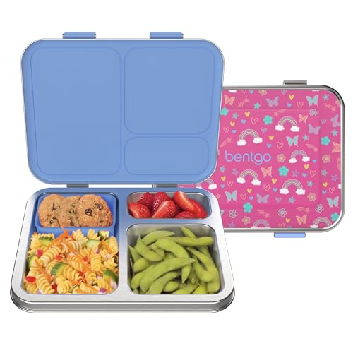 Bentgo Kids Stainless Steel Prints Leak-Resistant Lunch Box - 3-Compartments with Silicone Container, Durable, Eco-Friendly, Dishwasher Safe, BPA-Free, for School, Ages 3+ (Rainbows & Butterflies)
