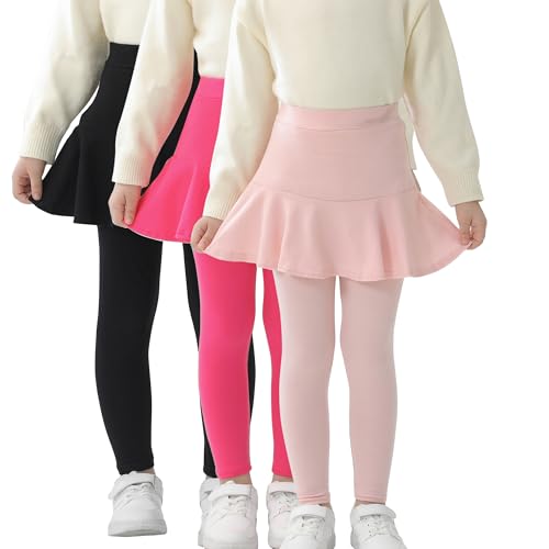StyleSavvy Trendy Girls' Leggings with Skirt -3 Pack of Cotton Ruffle Skirt Pants for Kids Black Pink Rose for 4 Years