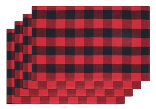 PurpleEssences Buffalo Plaid Placemats, Set of 4, Washable Spill Proof Double Layer Woven Checkered placemat for Dining Table and Kitchen - Spring Summer Easter - 13 x 19 Inch - Red and Black