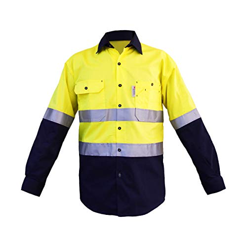LANTERN FISH High Visibility Workwear, Hi-Viz Safety Clothing Button Up, 100 Cotton Reflective Safety Shirts for Men Long Sleeve(Large Size, Fluoro Yellow/Navy Color)