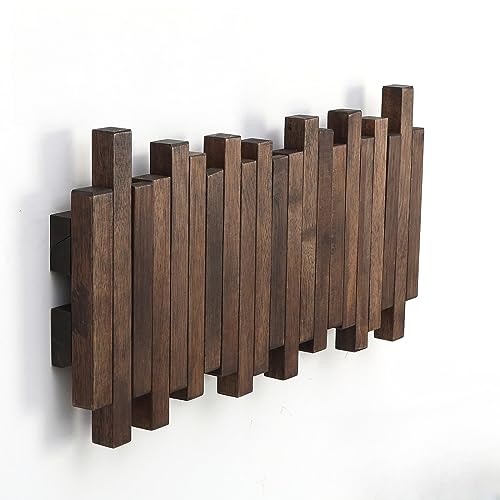 GOGREEBELL Natural Wood Wall Mounted Piano Coat Rack| Coat Rack Wall Mount| Flip Down Wall Hook Rack 5 Hooks| Entryway Wall Art Hook,Made of Acacia Wood (Wood Wax Oil Dyed Walnut Color).Wall Art