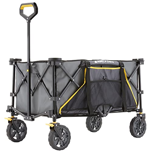 Gorilla Carts Collapsible Folding Utility Wagon Cart w/Oversized Bed, 7 Cu Ft, Gray - 150 lb Capacity Outdoor Wheelbarrow w/Zipper Pockets & Built-in Cup Holders for Beach, Camping & Picnic