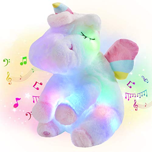 Athoinsu Musical Light up Unicorn Stuffed Animal Soft Furry Plush Toy with LED Night Lights Children's Day Birthday Gifts for Kids Toddler Girls,12''