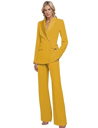 Caodip Women's 2 Piece Blazer Set Casual Loose Long Blazer Jackets and Dressy Wide Leg Pant Suits with Pockets Yellow