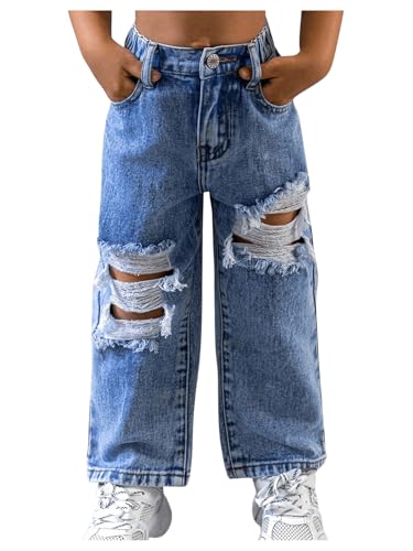 WDIRARA Toddler Girl's Ripped Straight Leg Crop Jeans Elastic Waist Denim Pants with Pockets Light Blue 6Y